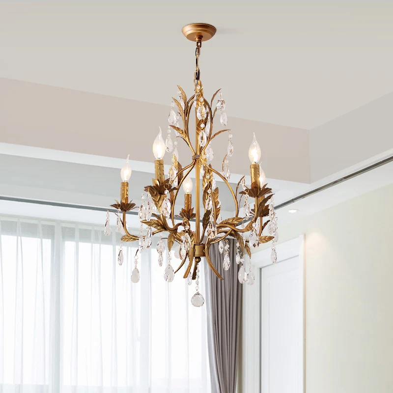 Lampe de lustre de bougie en laiton rétro 5 têtes suspension de plafond en métal avec larme de cristal Clearhalo