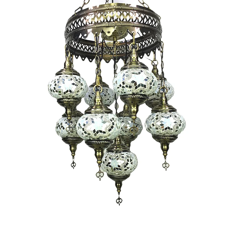 Lampe de lustre lanterne Vintage blanc/or/verre de café 9 têtes luminaire suspendu Clearhalo