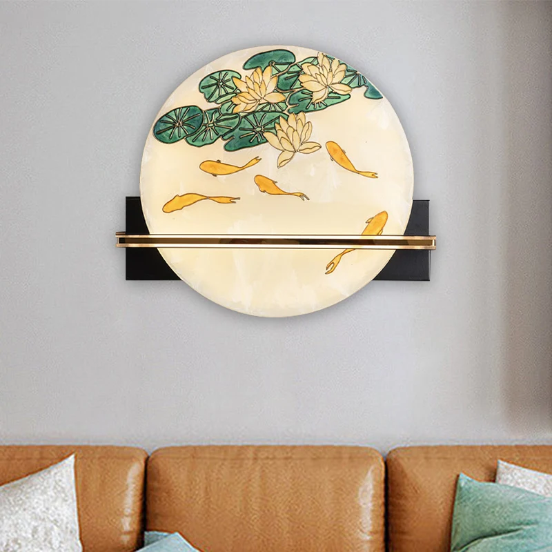 Lampe murale arrondie noire de Style Oriental, lampe murale LED en acrylique avec motif d'élan, de cerf et de poisson Clea...