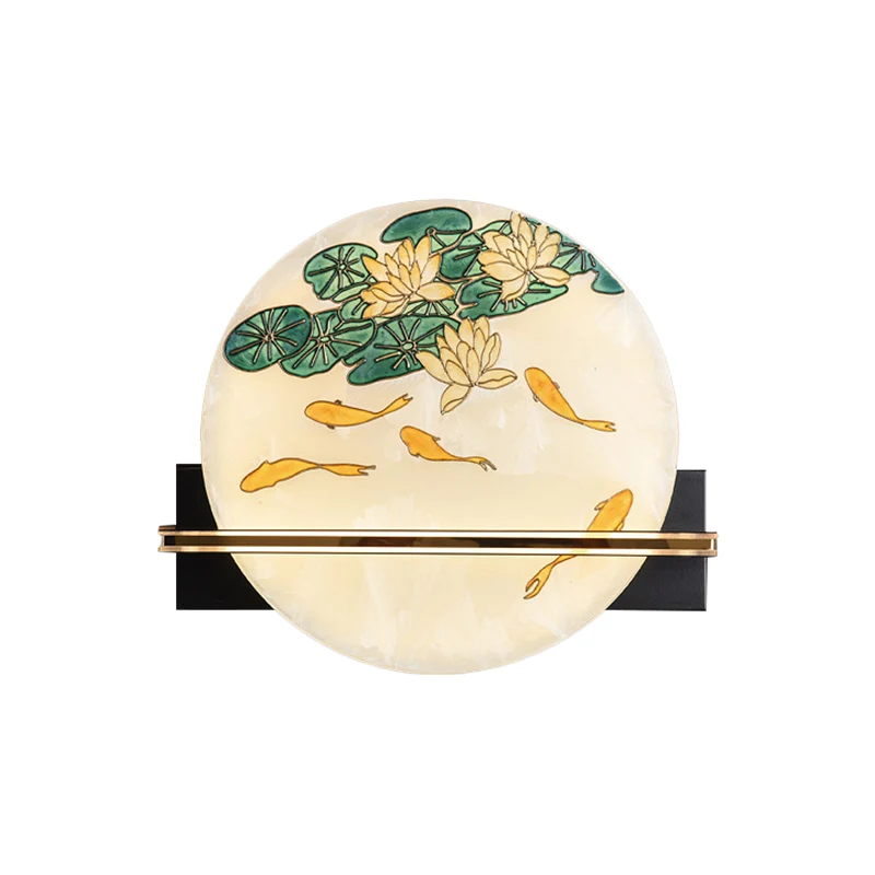 Lampe murale arrondie noire de Style Oriental, lampe murale LED en acrylique avec motif d'élan, de cerf et de poisson Clea...