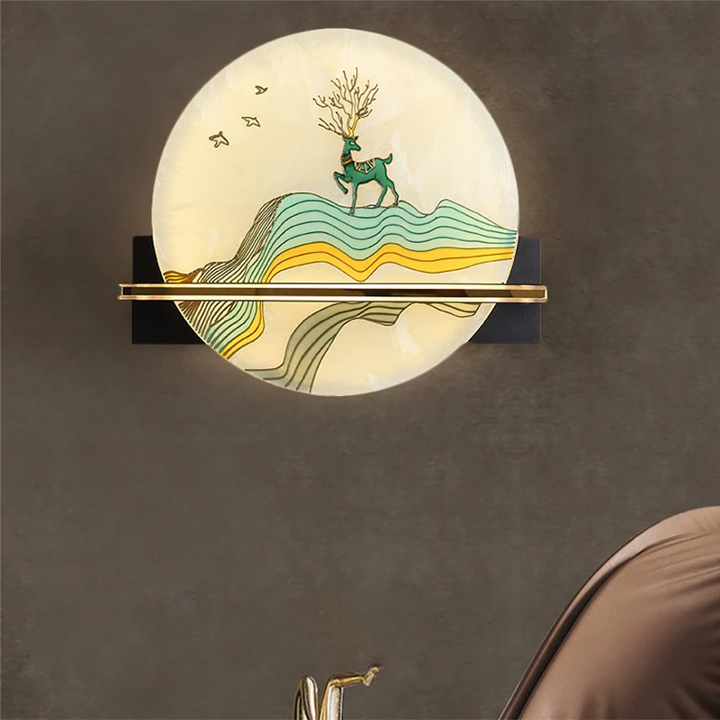 Lampe murale arrondie noire de Style Oriental, lampe murale LED en acrylique avec motif d'élan, de cerf et de poisson Clea...