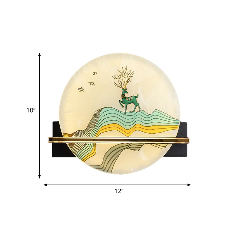 Lampe murale arrondie noire de Style Oriental, lampe murale LED en acrylique avec motif d'élan, de cerf et de poisson Clea...
