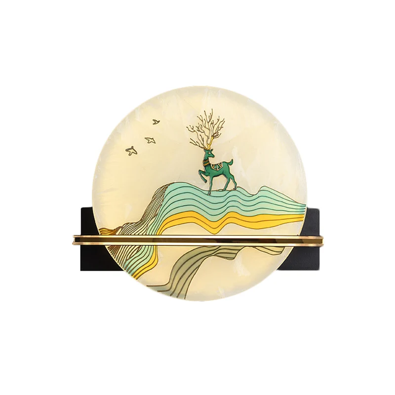 Lampe murale arrondie noire de Style Oriental, lampe murale LED en acrylique avec motif d'élan, de cerf et de poisson Clea...