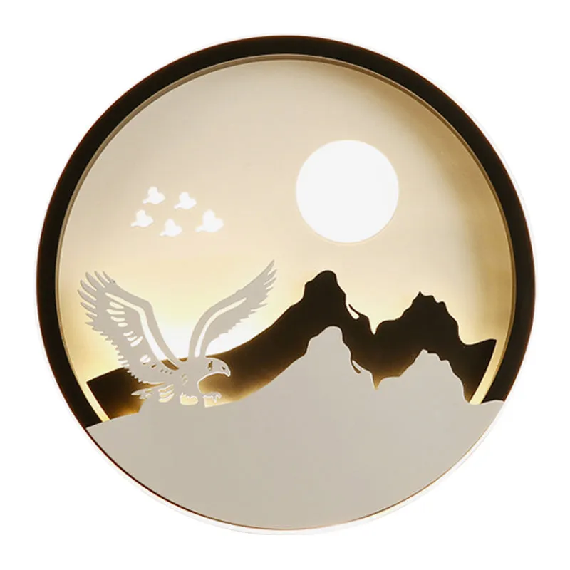 Lampe murale circulaire en acrylique de Style asiatique, lampe murale LED en noir avec motif d'aigle et de montagne Clearhalo