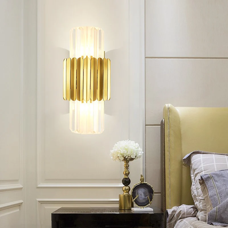 Lampe murale cylindrique moderne en cristal clair, 2 têtes, luminaire mural pour chambre à coucher en or Clearhalo