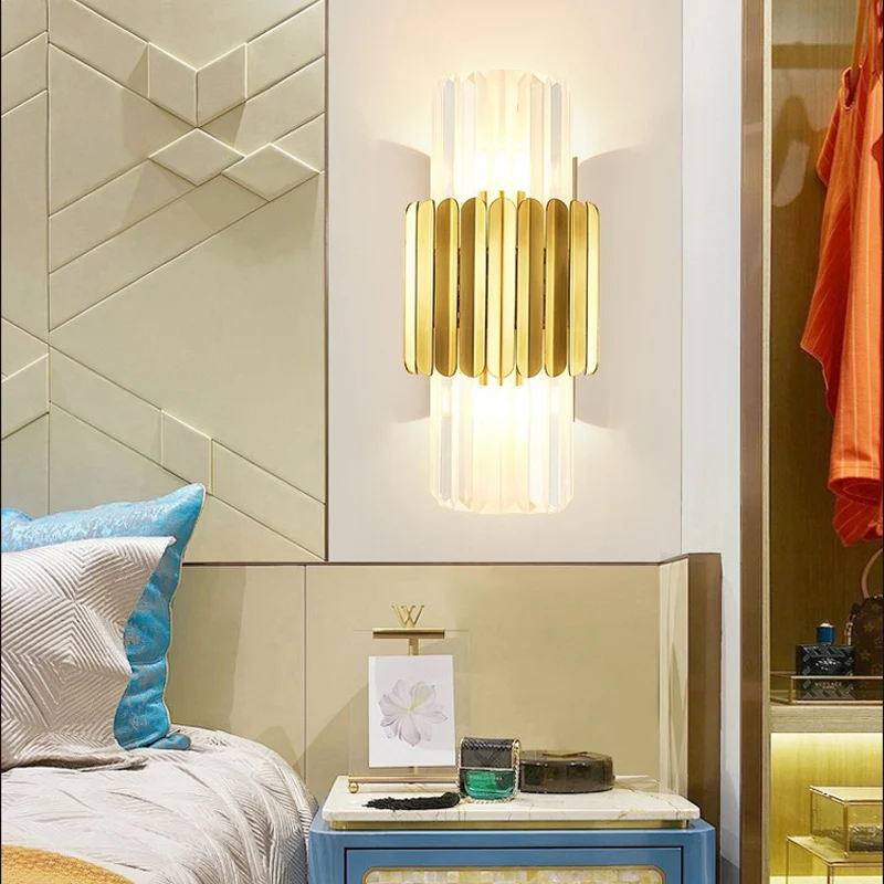 Lampe murale cylindrique moderne en cristal clair, 2 têtes, luminaire mural pour chambre à coucher en or Clearhalo