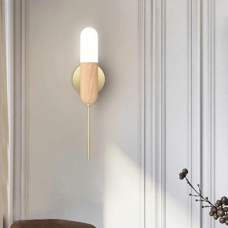 Lampe murale en forme de Capsule, moderne en bois, 1 ampoule, salon, poignée LED, luminaire mural Clearhalo