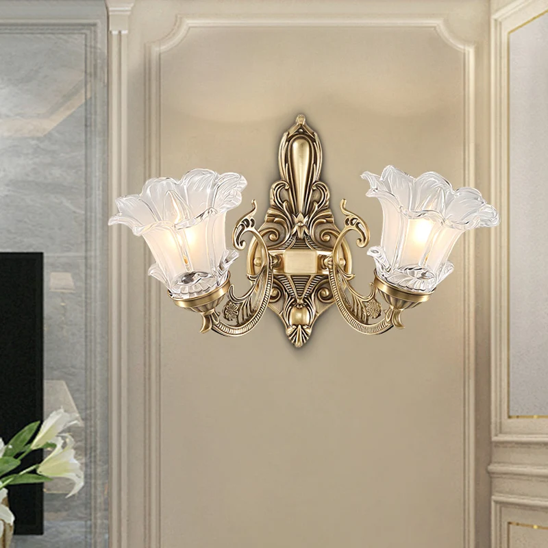 Lampe murale en laiton à 1/2 ampoules, éclairage de campagne en verre strié clair en forme de fleur Clearhalo