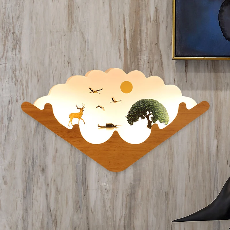 Lampe murale LED en forme d'éventail en acrylique, Style asiatique, lumière murale en bois avec motif d'élan, de cerf et d...