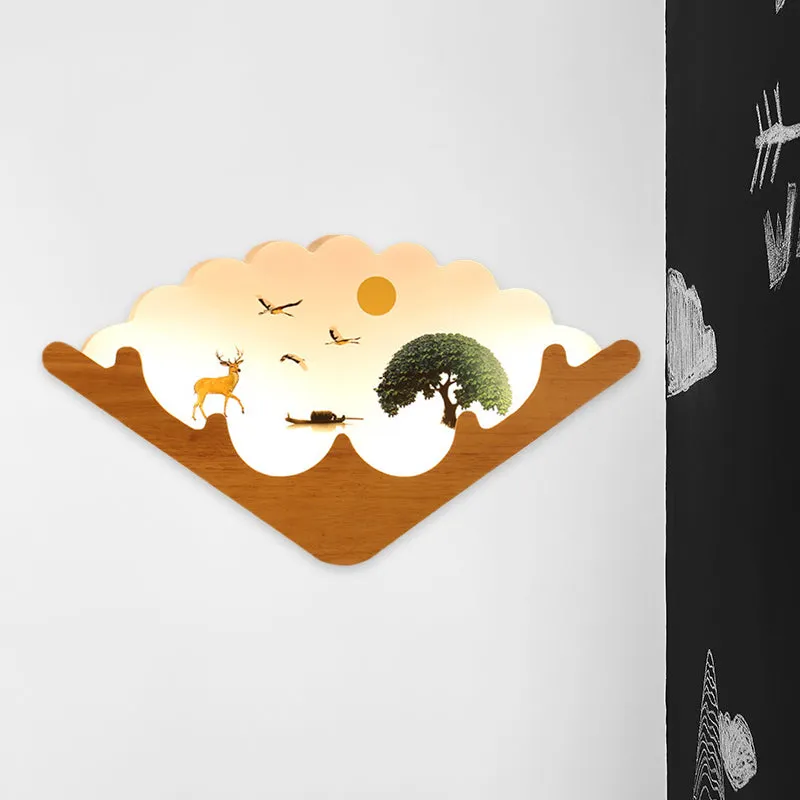 Lampe murale LED en forme d'éventail en acrylique, Style asiatique, lumière murale en bois avec motif d'élan, de cerf et d...