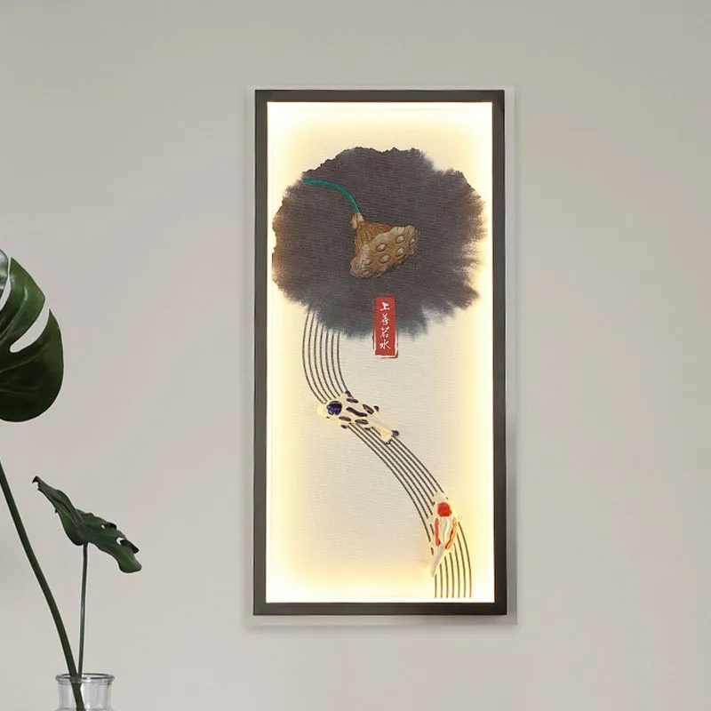 Lampe murale LED de Style chinois, graine de Lotus noire et poisson, luminaire Mural avec cadre en aluminium Clearhalo