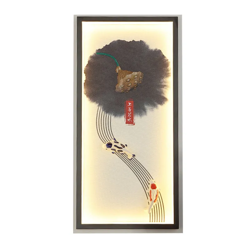 Lampe murale LED de Style chinois, graine de Lotus noire et poisson, luminaire Mural avec cadre en aluminium Clearhalo