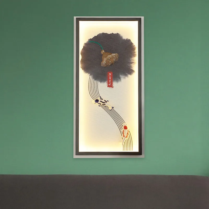 Lampe murale LED de Style chinois, graine de Lotus noire et poisson, luminaire Mural avec cadre en aluminium Clearhalo