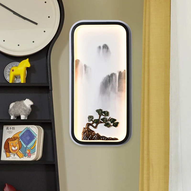 Lampe murale de montagne avec peinture à l'encre, luminaire mural LED noir en céramique chinoise Clearhalo