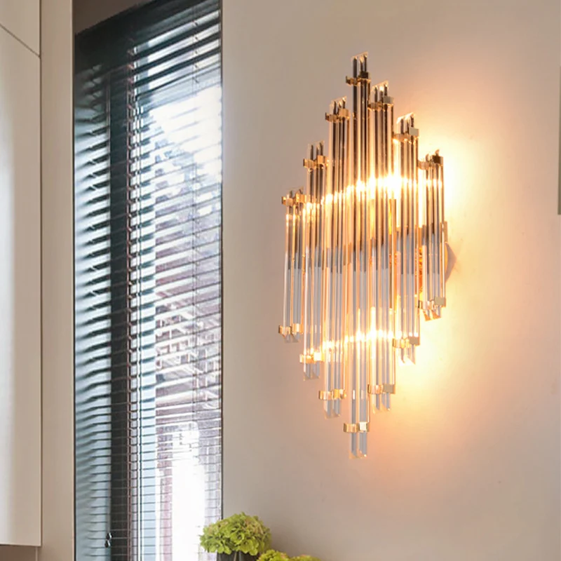 Lampe murale prismatique dorée, cristal moderne, 2 lumières, applique de salon Clearhalo