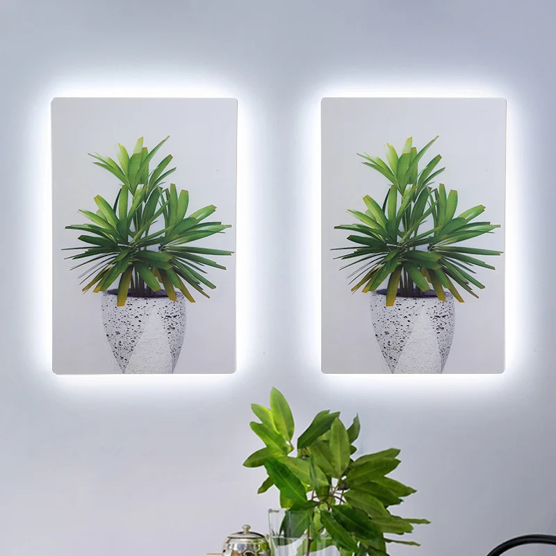 Lampe murale rectangulaire verte et blanche, idée d'éclairage mural en acrylique LED simple avec motif de feuilles Clearhalo
