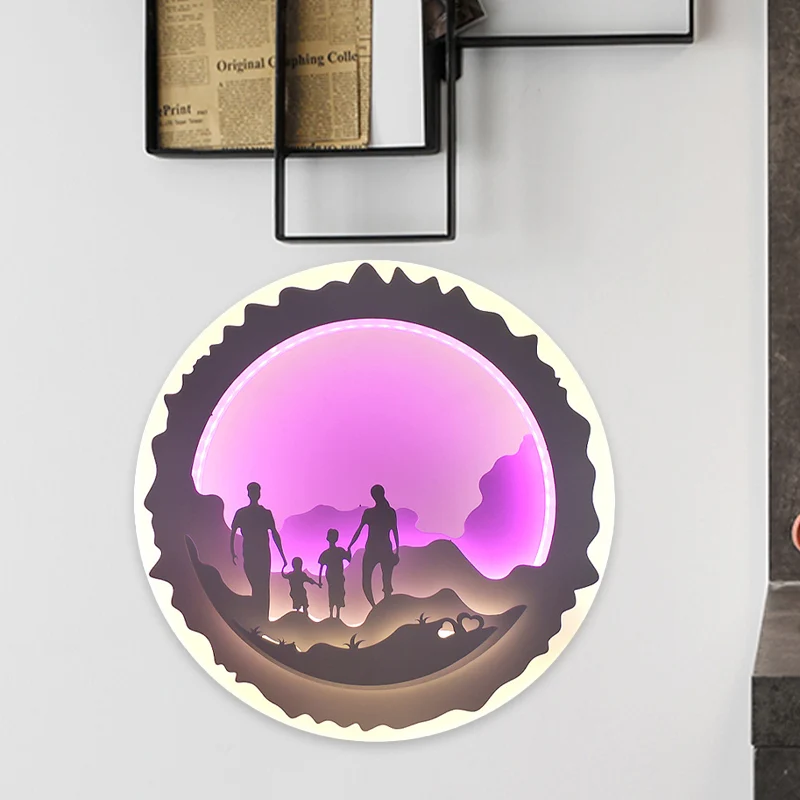 Lampe murale ronde en acrylique LED pour chambre à coucher, éclairage mural de Style chinois avec motif famille aimante/su...