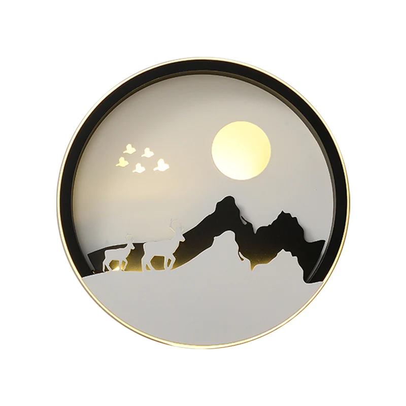 Lampe murale ronde en acrylique LED pour salon, luminaire mural contemporain en noir avec motif montagne et soleil Clearhalo