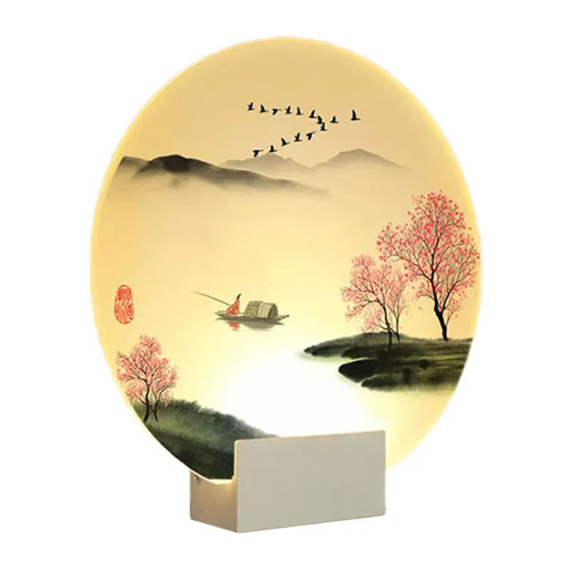 Lampe murale ronde en forme de montagne et de lac en acrylique LED, idée d'éclairage mural chinois en blanc Clearhalo