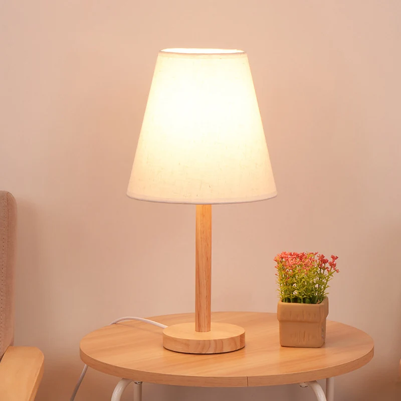 Lampe de nuit à abat-jour conique en tissu, éclairage de Table en bois à 1 tête pour le salon Clearhalo