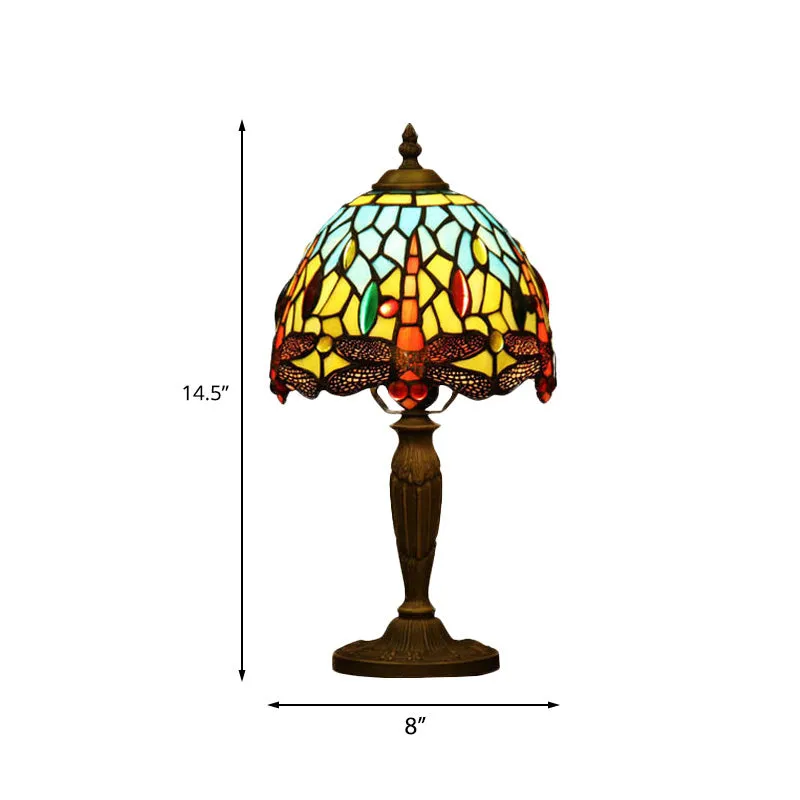 Lampe de nuit à bol à 1 lumière, éclairage de bureau à motifs de libellule en verre coupé Orange/bleu/vert méditerranéen p...