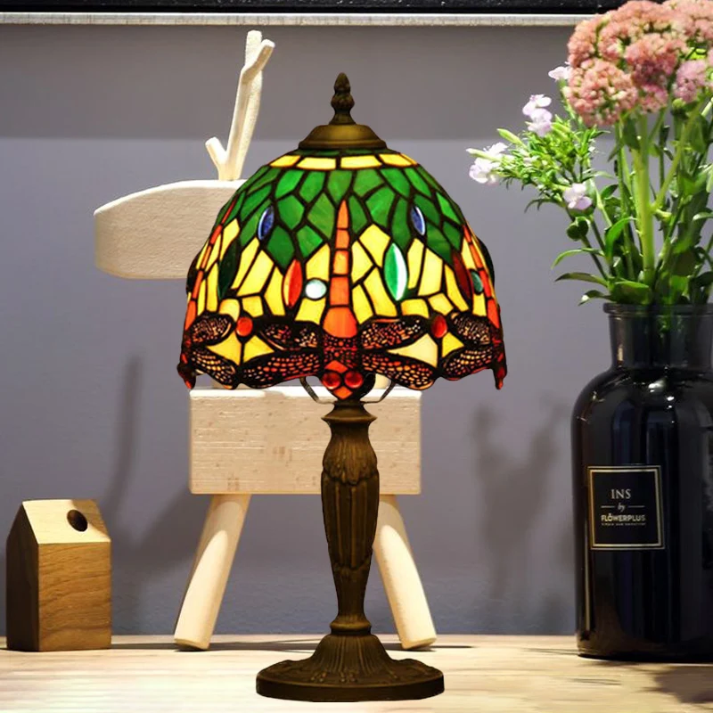 Lampe de nuit à bol à 1 lumière, éclairage de bureau à motifs de libellule en verre coupé Orange/bleu/vert méditerranéen p...