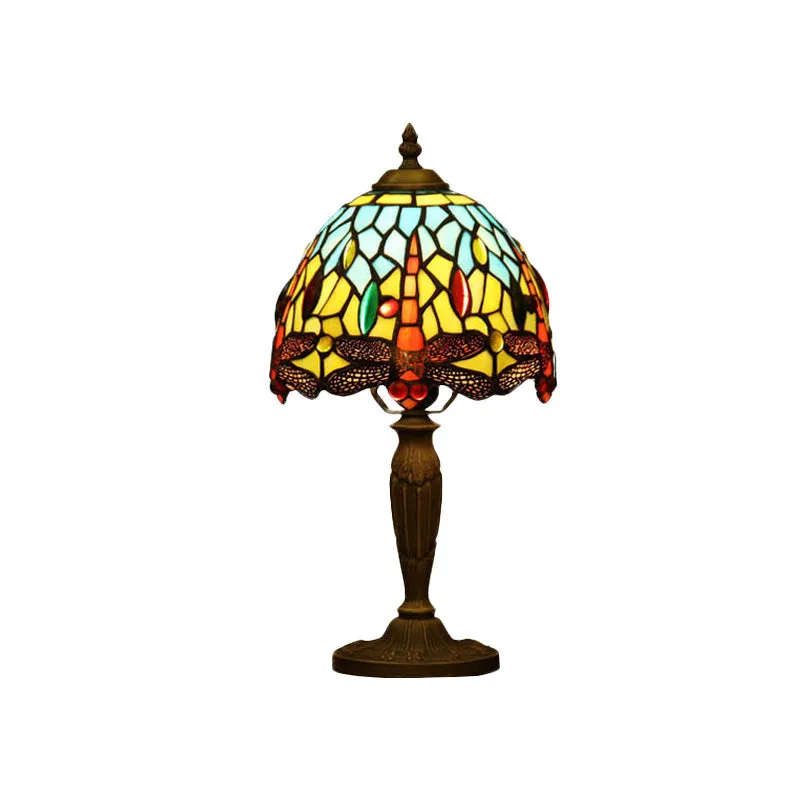 Lampe de nuit à bol à 1 lumière, éclairage de bureau à motifs de libellule en verre coupé Orange/bleu/vert méditerranéen p...