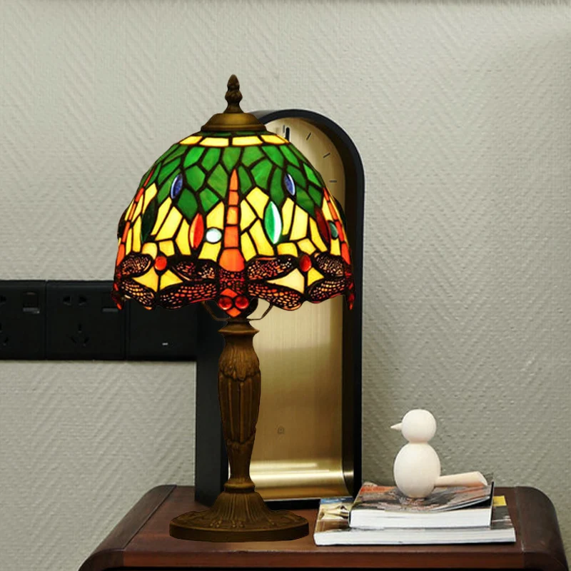 Lampe de nuit à bol à 1 lumière, éclairage de bureau à motifs de libellule en verre coupé Orange/bleu/vert méditerranéen p...