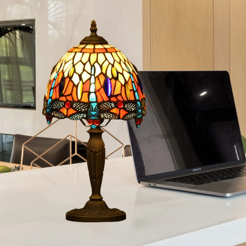 Lampe de nuit à bol à 1 lumière, éclairage de bureau à motifs de libellule en verre coupé Orange/bleu/vert méditerranéen p...