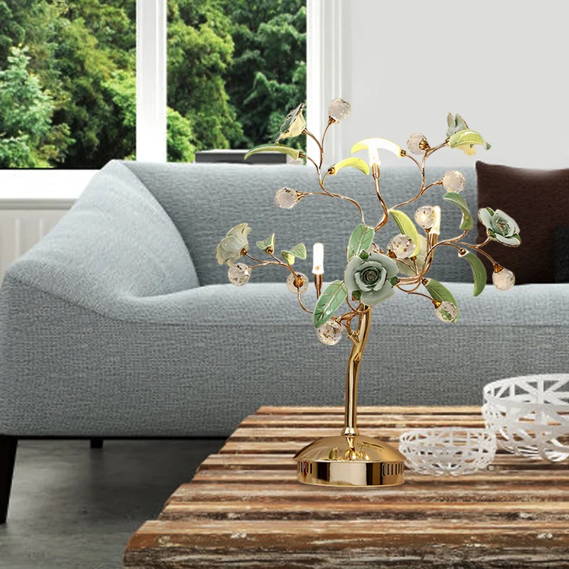 Lampe de nuit en forme d'arbre à fleurs à 3 ampoules, lampe de table en céramique blanche/rouge/verte pour jardin coréen a...