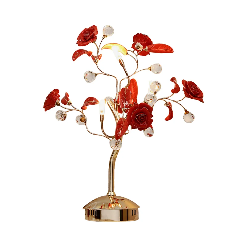 Lampe de nuit en forme d'arbre à fleurs à 3 ampoules, lampe de table en céramique blanche/rouge/verte pour jardin coréen a...