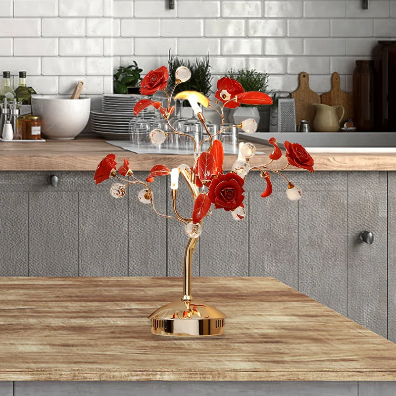 Lampe de nuit en forme d'arbre à fleurs à 3 ampoules, lampe de table en céramique blanche/rouge/verte pour jardin coréen a...