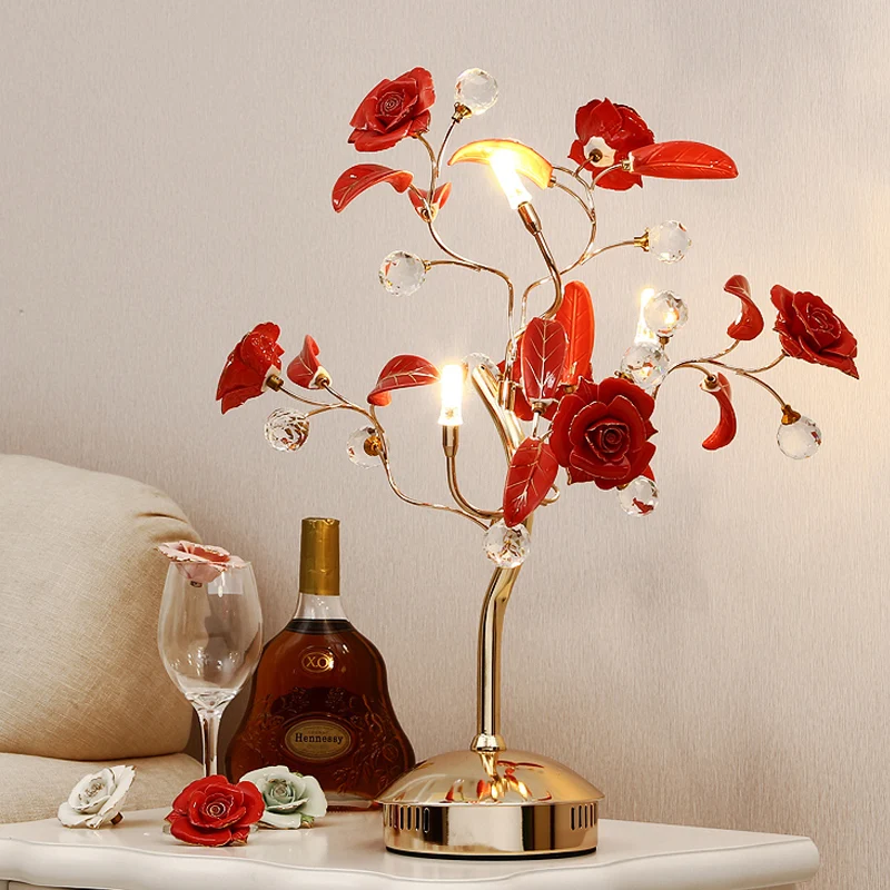 Lampe de nuit en forme d'arbre à fleurs à 3 ampoules, lampe de table en céramique blanche/rouge/verte pour jardin coréen a...