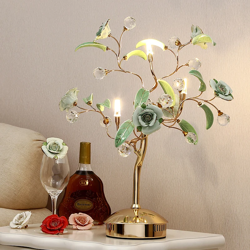 Lampe de nuit en forme d'arbre à fleurs à 3 ampoules, lampe de table en céramique blanche/rouge/verte pour jardin coréen a...