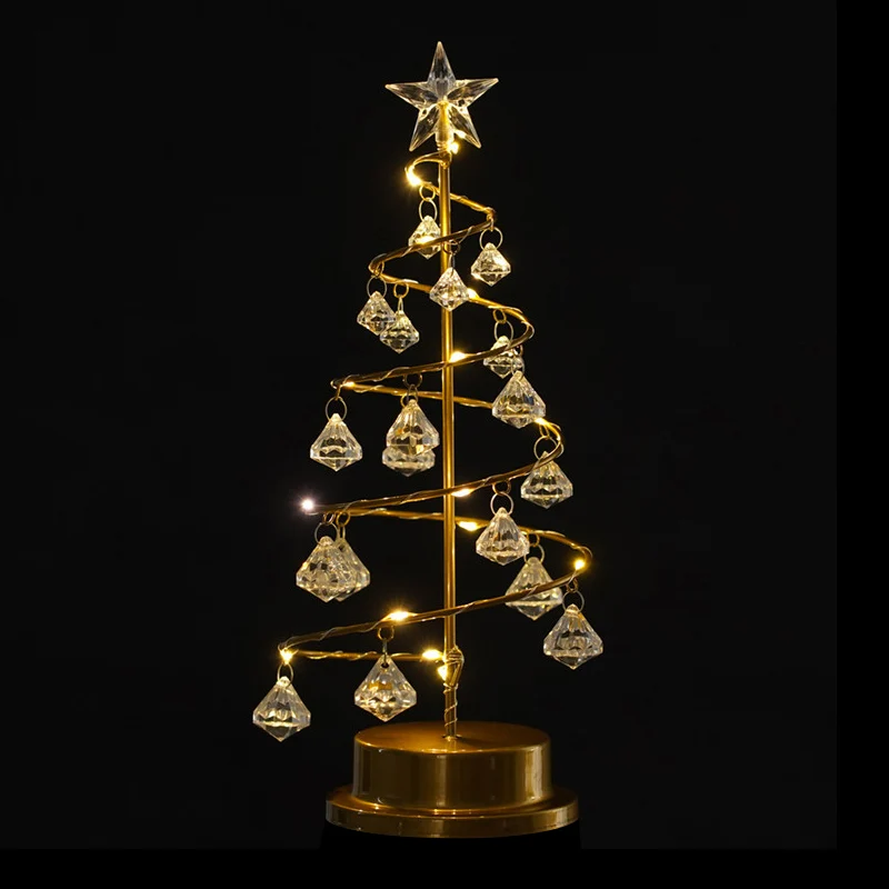 Lampe de nuit LED en forme d'arbre de noël, finition dorée, lampe de Table décorative à batterie en métal avec cristaux ac...