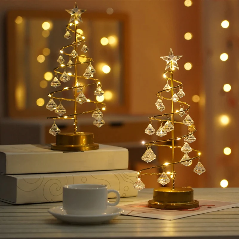 Lampe de nuit LED en forme d'arbre de noël, finition dorée, lampe de Table décorative à batterie en métal avec cristaux ac...