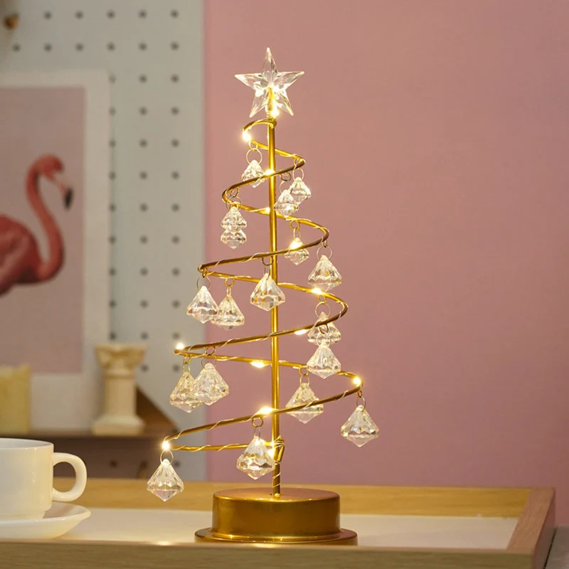 Lampe de nuit LED en forme d'arbre de noël, finition dorée, lampe de Table décorative à batterie en métal avec cristaux ac...