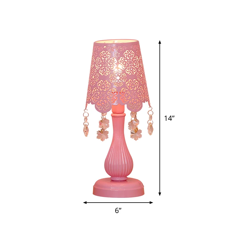 Lampe de nuit moderne à cône découpé en fer, éclairage de table à 1 lumière en rose avec accent de cristal de flocon de ne...