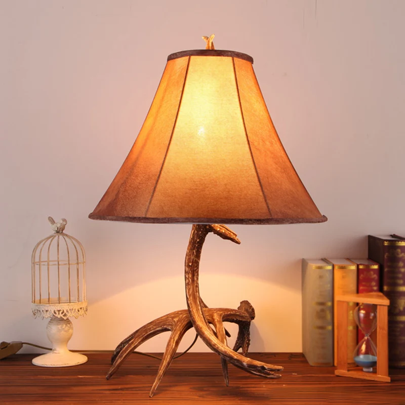 Lampe de nuit évasée large marron en tissu de ferme, lampe de table à 1 tête pour chambre à coucher avec base en bois de c...