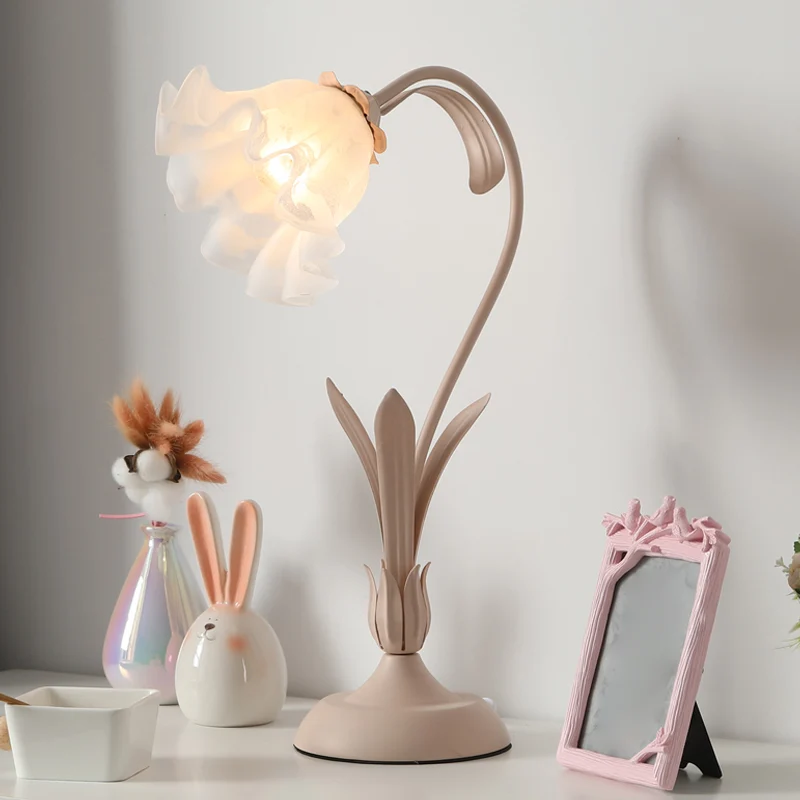 Lampe de nuit en verre blanc givré en forme de fleur, lampe de table pour chambre d'enfant à 1 lumière, rose/vert Clearhalo
