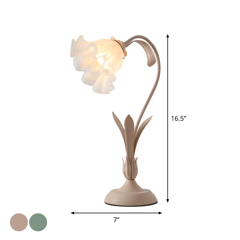 Lampe de nuit en verre blanc givré en forme de fleur, lampe de table pour chambre d'enfant à 1 lumière, rose/vert Clearhalo