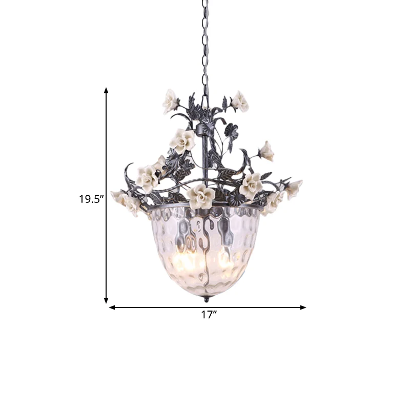 Lampe à pédant pastorale à 3/4 têtes, lustre suspendu en verre à fossettes transparentes avec motif de fleurs Clearhalo