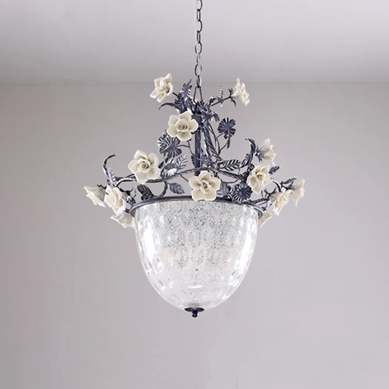 Lampe à pédant pastorale à 3/4 têtes, lustre suspendu en verre à fossettes transparentes avec motif de fleurs Clearhalo