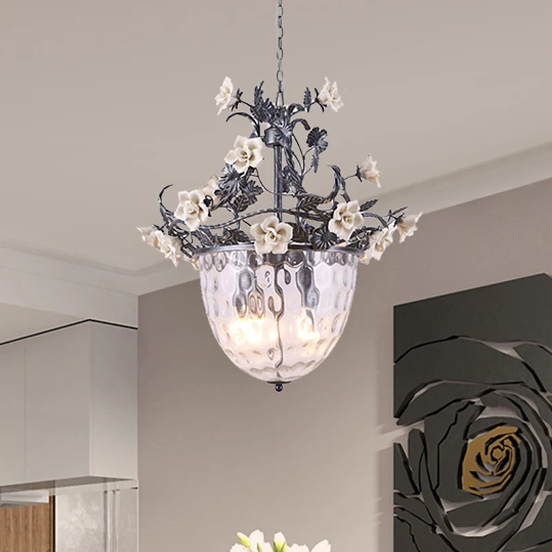 Lampe à pédant pastorale à 3/4 têtes, lustre suspendu en verre à fossettes transparentes avec motif de fleurs Clearhalo