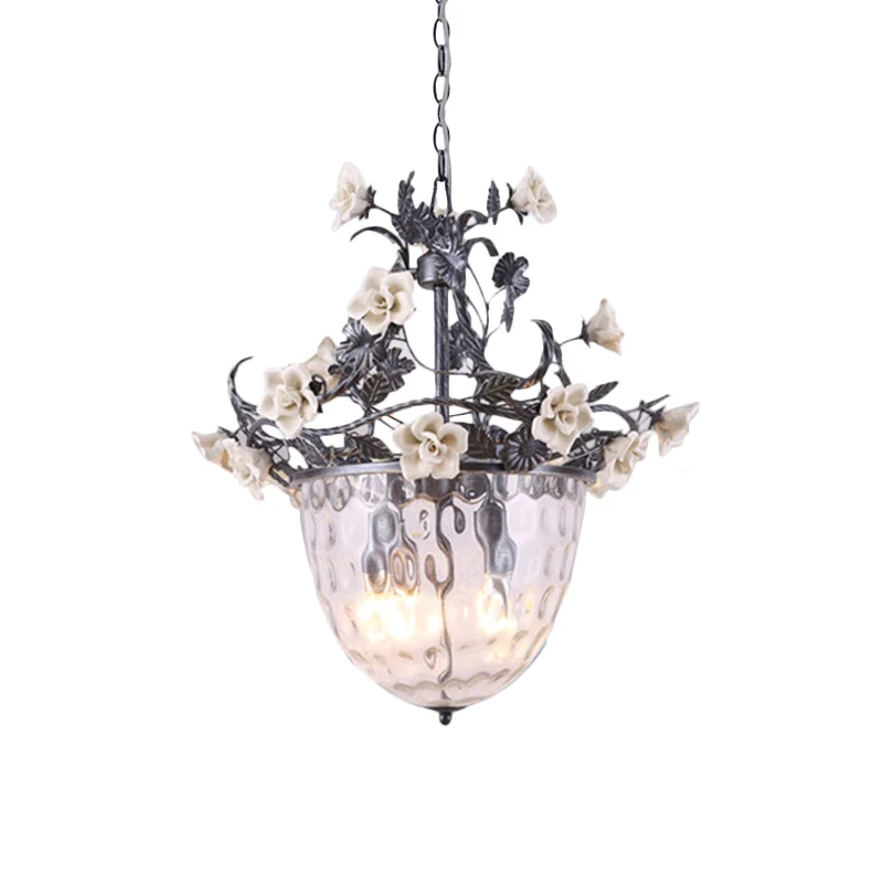 Lampe à pédant pastorale à 3/4 têtes, lustre suspendu en verre à fossettes transparentes avec motif de fleurs Clearhalo