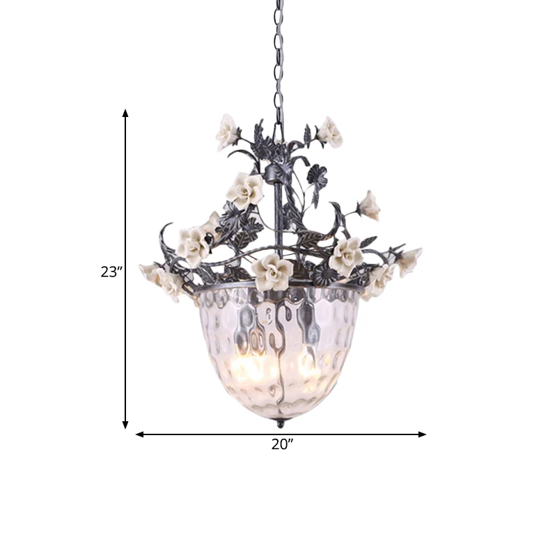 Lampe à pédant pastorale à 3/4 têtes, lustre suspendu en verre à fossettes transparentes avec motif de fleurs Clearhalo