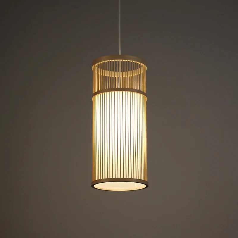 Lampe pendante tubulaire en bambou chinois 1 tête lampe de suspension de plafond en bois pour salon de thé Clearhalo