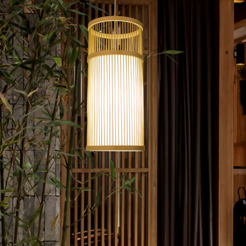 Lampe pendante tubulaire en bambou chinois 1 tête lampe de suspension de plafond en bois pour salon de thé Clearhalo