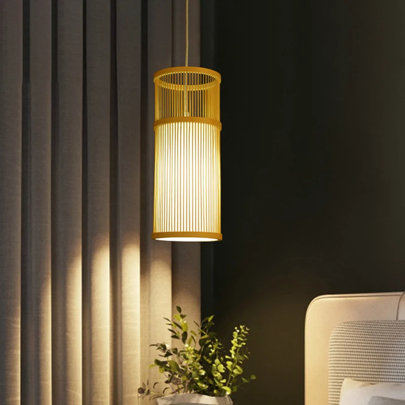 Lampe pendante tubulaire en bambou chinois 1 tête lampe de suspension de plafond en bois pour salon de thé Clearhalo