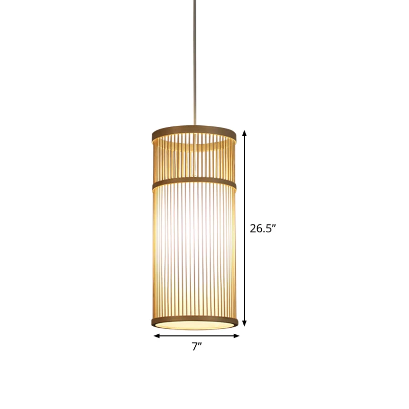 Lampe pendante tubulaire en bambou chinois 1 tête lampe de suspension de plafond en bois pour salon de thé Clearhalo